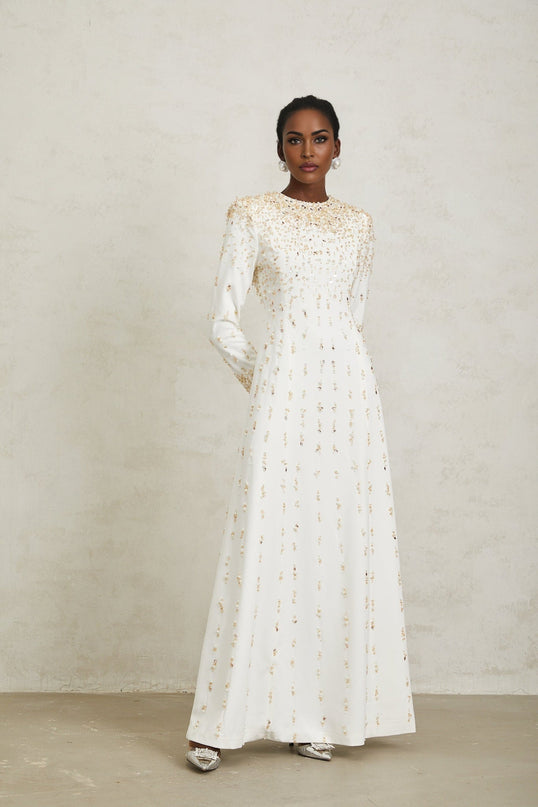 Clara Maxi Dress in White with sequin, faux-pearl, and crystal embellishments