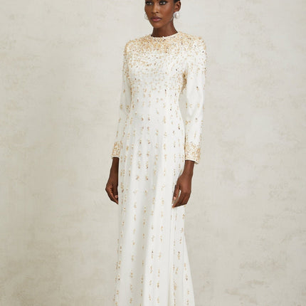 Clara Maxi Dress in White with Sequin, Faux-Pearl, and Crystal Embellishments