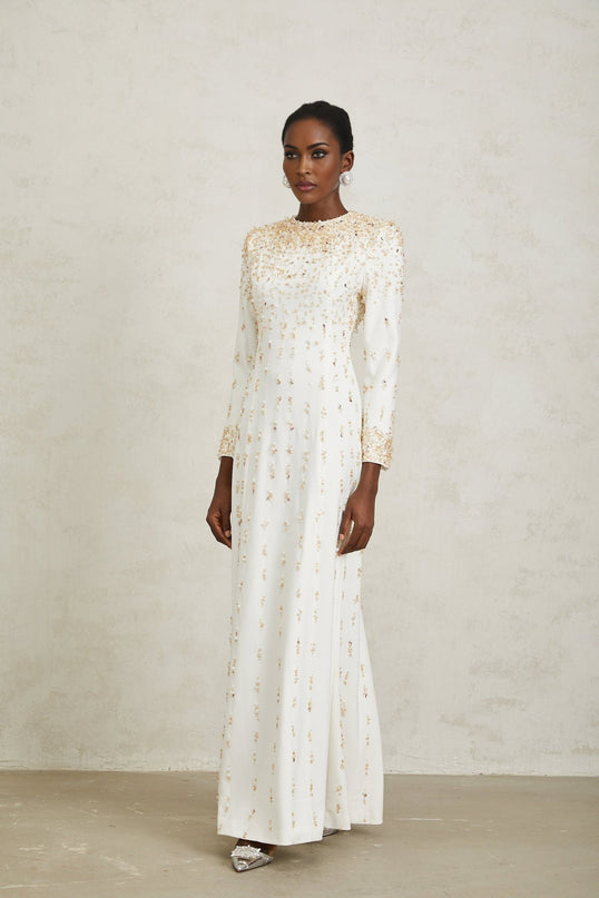 Clara Maxi Dress in White with Sequin, Faux-Pearl, and Crystal Embellishments