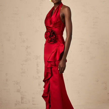 Clara Wine Red Satin Halterneck Maxi Dress with 3D Petal Embellishments