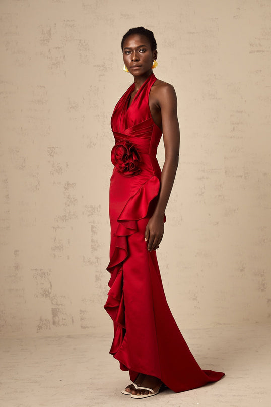 Clara Wine Red Satin Halterneck Maxi Dress with 3D Petal Embellishments