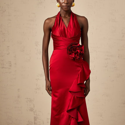 Clara Wine Red Satin Halterneck Maxi Dress with Ruffle Detail and 3D Petal Embellishments