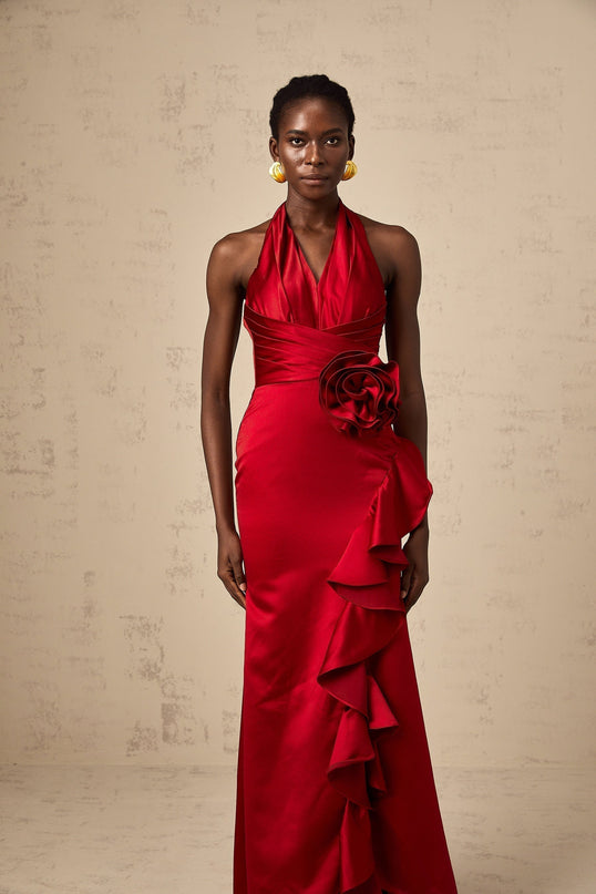 Clara Wine Red Satin Halterneck Maxi Dress with Ruffle Detail and 3D Petal Embellishments