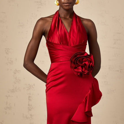 Clara Wine Red Satin Halterneck Maxi Dress with 3D Petal Embellishments