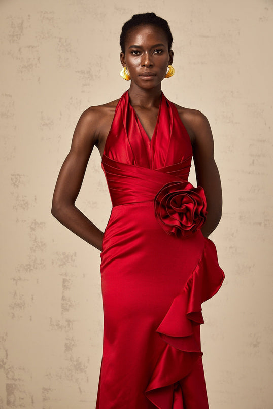 Clara Wine Red Satin Halterneck Maxi Dress with 3D Petal Embellishments
