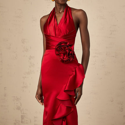 Clara Maxi Dress in Wine Red Halterneck Satin Finish with Open Back and 3D Petal Embellishments
