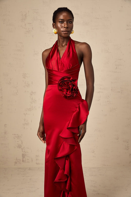 Clara Maxi Dress in Wine Red Halterneck Satin Finish with Open Back and 3D Petal Embellishments