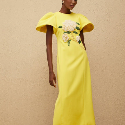 Clara Yellow Beaded Floral Embroidered Midi Dress with Sequin Embellishments