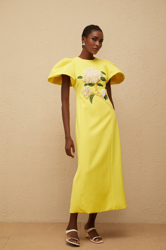 Clara Yellow Beaded Floral Embroidered Midi Dress with Sequin Embellishments