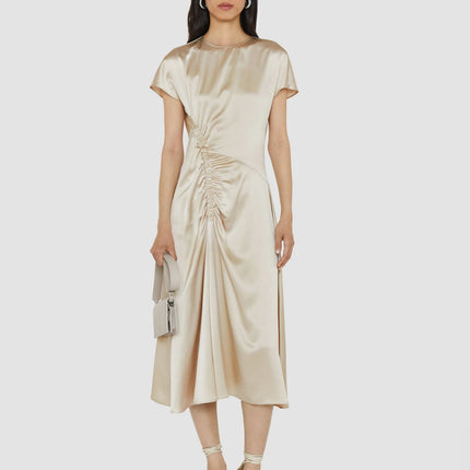 Clara wearing Modisches White Pleated Dress in American sophistication mid-calf length O-neck sleeveless Italy polyester acetate blend