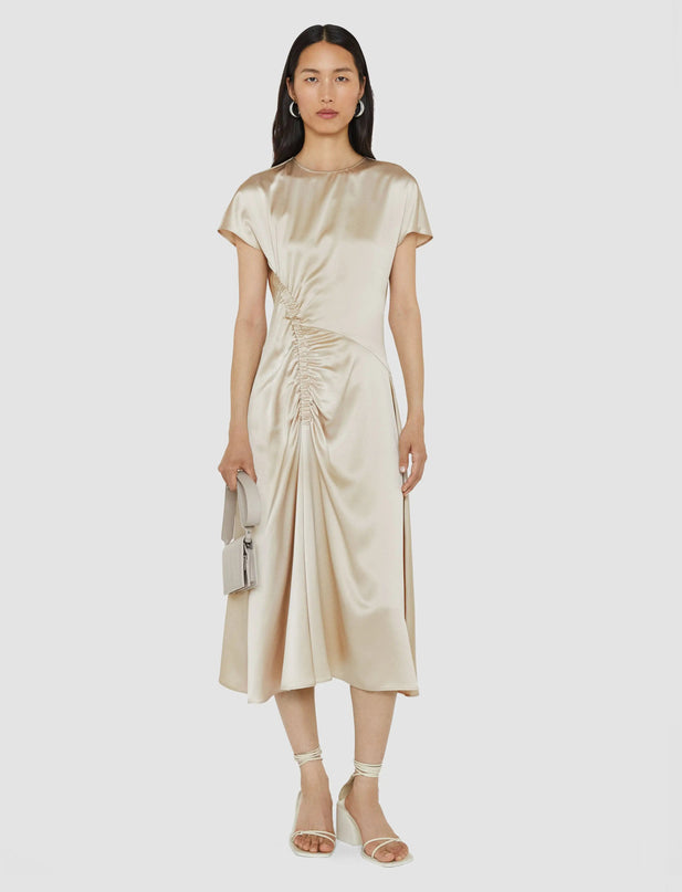 Clara wearing Modisches White Pleated Dress in American sophistication mid-calf length O-neck sleeveless Italy polyester acetate blend