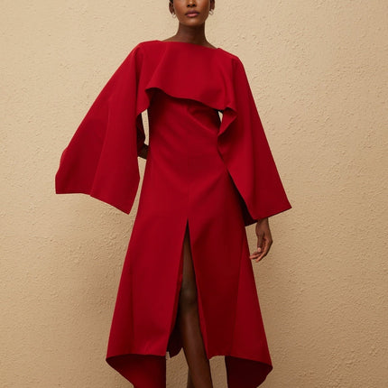 Clara Red Midi Dress with Cape Design and Asymmetrical Hem