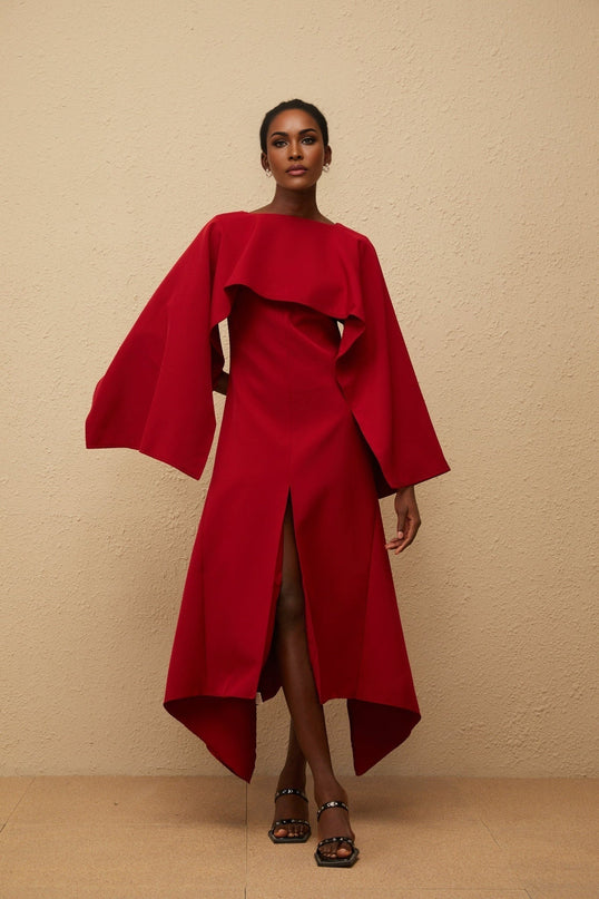 Clara Red Midi Dress with Cape Design and Asymmetrical Hem