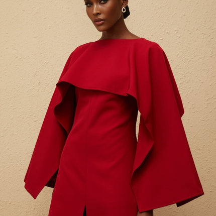 Clara Red Midi Dress with Cape and Asymmetrical Hem