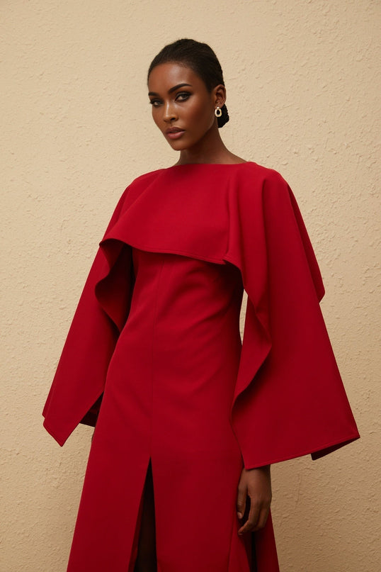 Clara Red Midi Dress with Cape and Asymmetrical Hem