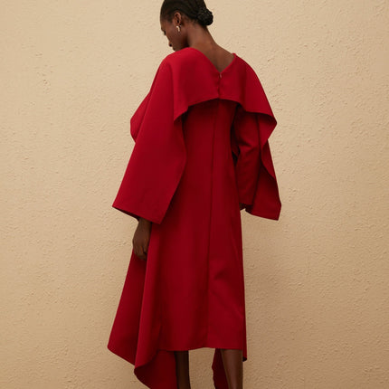 Clara Red Midi Dress with Cape and Front Slit