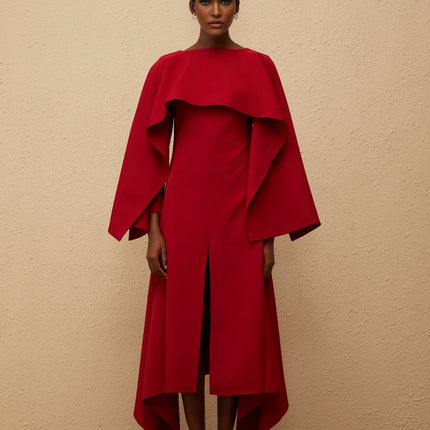 Clara Red Midi Dress with Cape Design and Asymmetrical Hem