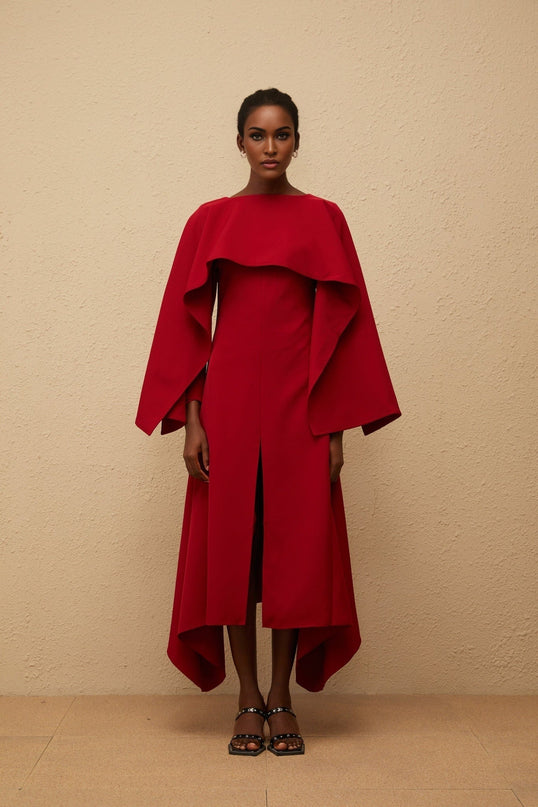 Clara Red Midi Dress with Cape Design and Asymmetrical Hem