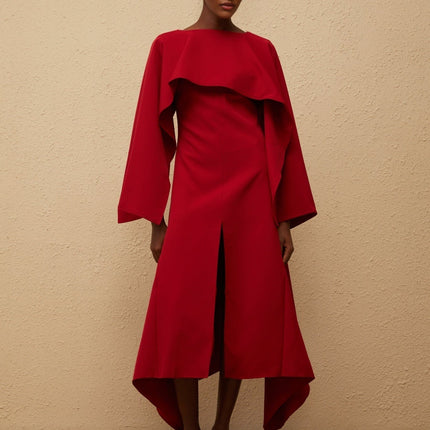 Clara Red Midi Dress Bateau Neck Long Sleeves Fitted Waistline Cape Design Asymmetrical Hem Front Slit Calf-Length Luxurious Special Occasions Statement