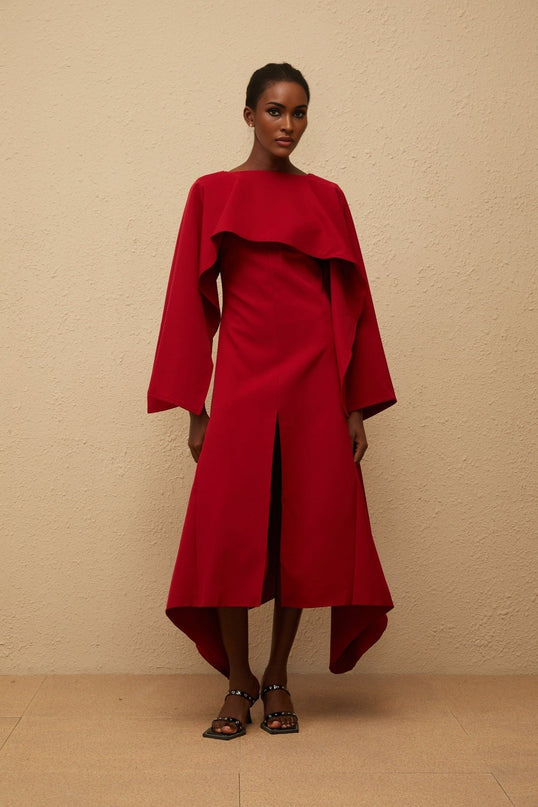 Clara Red Midi Dress Bateau Neck Long Sleeves Fitted Waistline Cape Design Asymmetrical Hem Front Slit Calf-Length Luxurious Special Occasions Statement