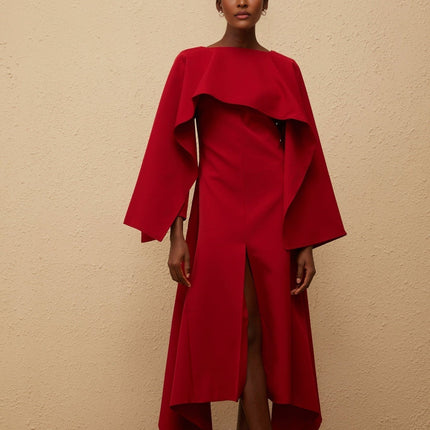 Clara Red Midi Dress Bateau Neck Long Sleeve Fitted Waistline Cape Design Asymmetrical Hem Front Slit Calf-Length Luxurious Special Occasions Statement