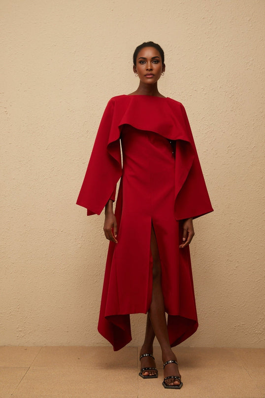 Clara Red Midi Dress Bateau Neck Long Sleeve Fitted Waistline Cape Design Asymmetrical Hem Front Slit Calf-Length Luxurious Special Occasions Statement