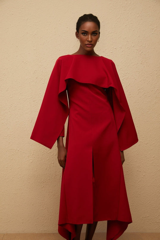 Clara Red Midi Dress Bateau Neck Long Sleeves Fitted Waistline Cape Design Asymmetrical Hem Front Slit