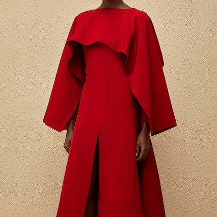 Clara Red Midi Dress with Cape and Asymmetrical Hem