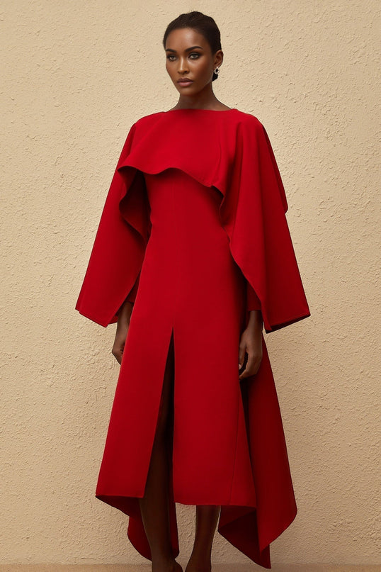 Clara Red Midi Dress with Cape and Asymmetrical Hem