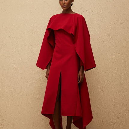 Clara Red Midi Dress Bateau Neck Long Sleeves Fitted Waistline Cape Design Front Slit Asymmetrical Hem Calf-Length Terylene Spandex Blend