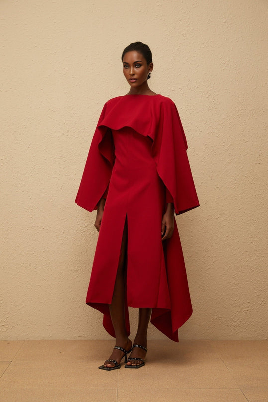 Clara Red Midi Dress Bateau Neck Long Sleeves Fitted Waistline Cape Design Front Slit Asymmetrical Hem Calf-Length Terylene Spandex Blend