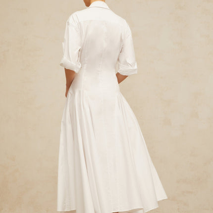 Clara White Shirt Dress with Spread Collar and Shirred Effect