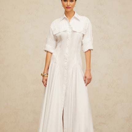 Clara White Shirt Dress with Spread Collar and Shirred Effect