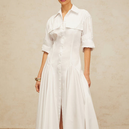 Clara White Shirt Dress with Spread Collar and Shirred Effect
