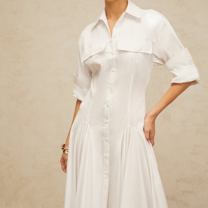 Clara White Shirt Dress with Spread Collar and Shirred Effect