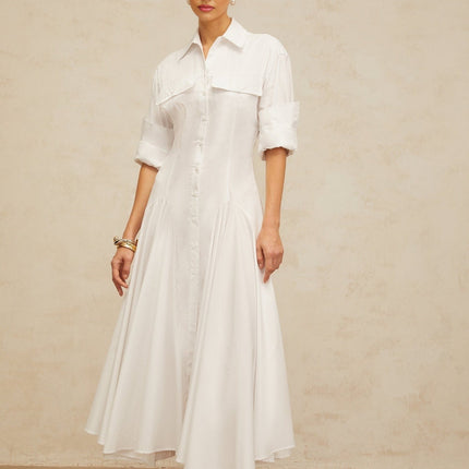 Clara White Shirt Dress with Spread Collar and Shirred Effect