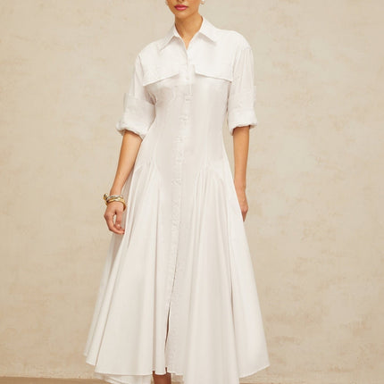 Clara White Shirt Dress with Spread Collar and Shirred Effect