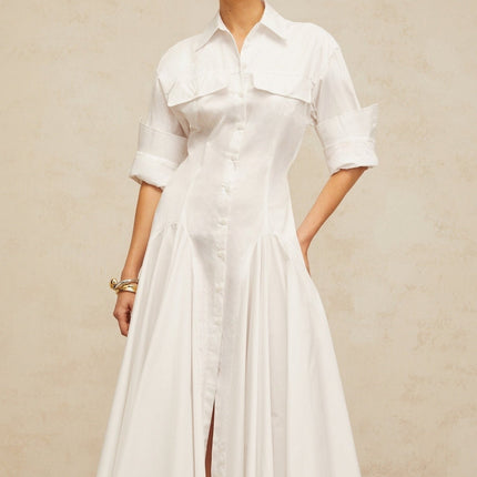 Clara White Shirt Dress with Spread Collar and Shirred Effect