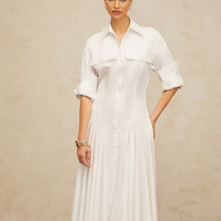 Clara White Shirt Dress with Spread Collar and Shirred Effect