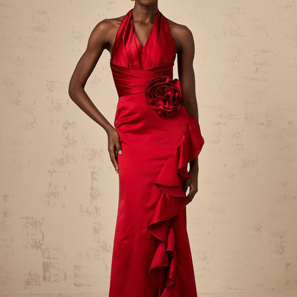 Clara Wine Red Halterneck Maxi Dress with 3D Petal Embellishments