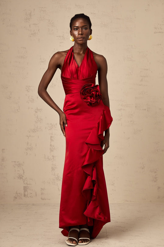 Clara Wine Red Halterneck Maxi Dress with 3D Petal Embellishments