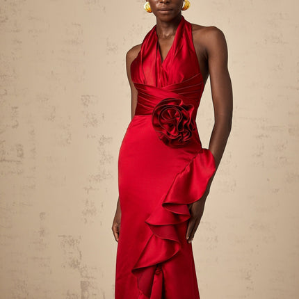 Clara Wine Red Maxi Dress with Halterneck Design and Open Back in Satin Finish