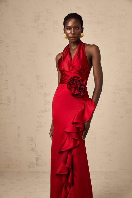 Clara Wine Red Maxi Dress with Halterneck Design and Open Back in Satin Finish