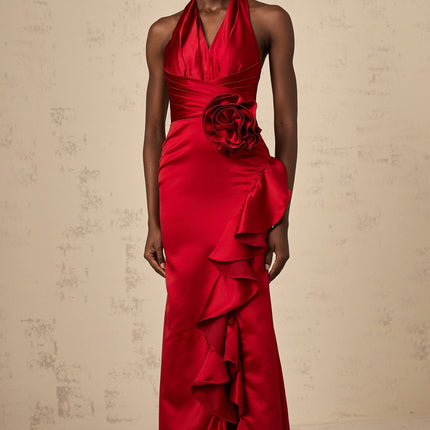 Clara Wine Red Maxi Dress Halterneck Open Back Satin Cinched Waist Side Slit Ruffle Detailing 3D Petal Embellishments Rear Tie Fastening Acetate Polyester Luxury Ensemble