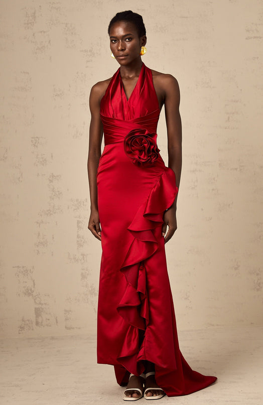 Clara Wine Red Maxi Dress Halterneck Open Back Satin Cinched Waist Side Slit Ruffle Detailing 3D Petal Embellishments Rear Tie Fastening Acetate Polyester Luxury Ensemble