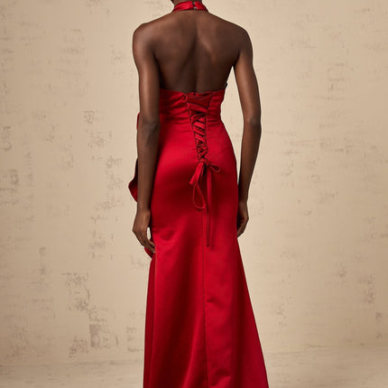 Clara Wine Red Satin Halterneck Maxi Dress with 3D Petal Embellishments