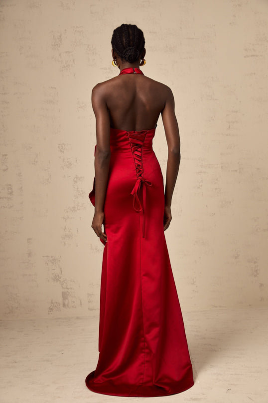 Clara Wine Red Satin Halterneck Maxi Dress with 3D Petal Embellishments