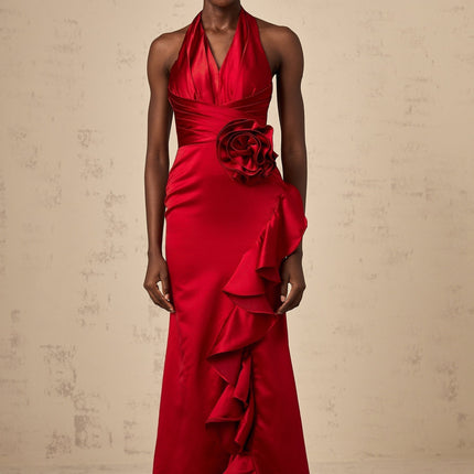 Clara Wine Red Satin Halterneck Maxi Dress with Ruffle Detail and 3D Petal Embellishments