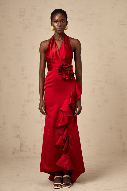 Clara Wine Red Satin Halterneck Maxi Dress with Ruffle Detail and 3D Petal Embellishments