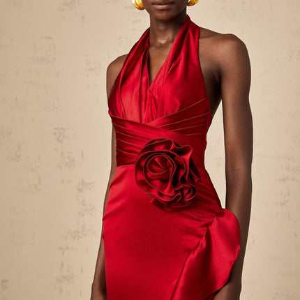 Clara Wine Red Satin Maxi Dress with Halterneck Design and 3D Petal Embellishments